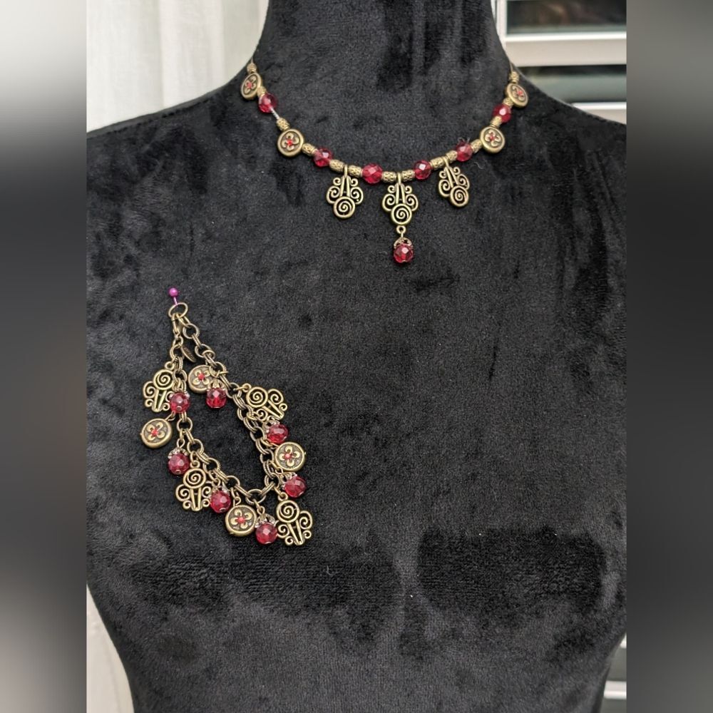 Chico's Retired Bronze/Red Crystal and Rhinestone Necklace/Bracelet Set